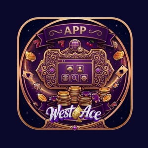 WestAce app banner with ornate mobile icons, coins and purple casino design