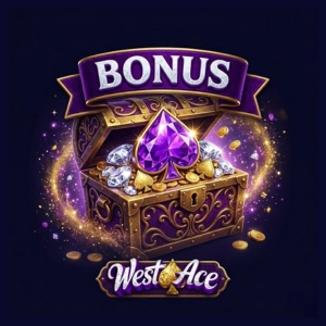 WestAce casino bonus banner featuring a glowing treasure chest filled with gems and coins, with a purple spade symbol and “Bonus” text above on a dark background
