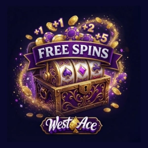 WestAce free spins banner featuring a decorative treasure chest with coins, cards, and glowing effects, with “Free Spins” text above on a dark background