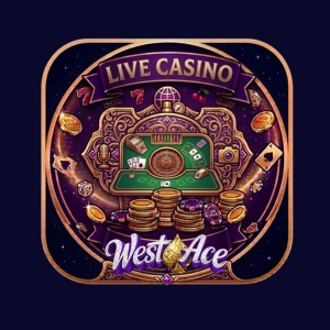 WestAce live casino banner featuring a stylised gaming table, stacked coins and casino details