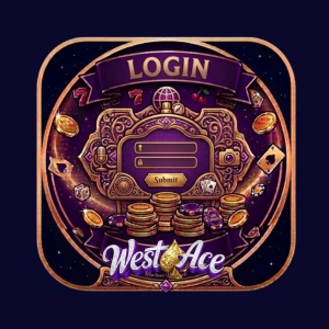 WestAce login banner with ornate sign-in panel, coins and purple casino design