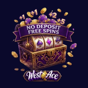 WestAce no deposit free spins banner with treasure chest, slot symbols and gold coins