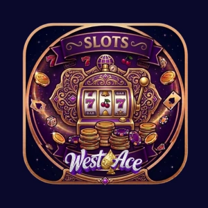 WestAce slots banner with ornate slot machine, coins and purple casino design